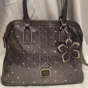 GUESS Large Dome Satchel Handbag Metallic Pewter Silver Hardware + Bonus Pouch!